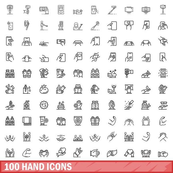 100 iconos de la mano conjunto, estilo de contorno — Vector de stock