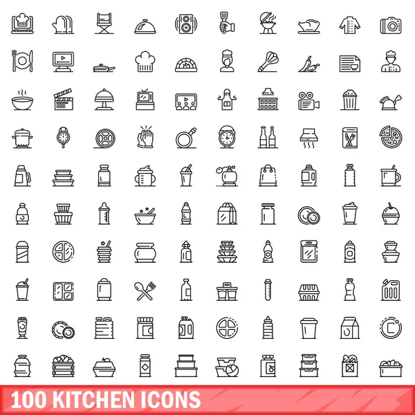 Conjunto de 100 iconos de cocina, estilo de esquema — Vector de stock