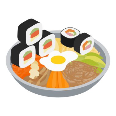 Kore mutfağı ikonu izometrik vektörü. Taze bibimbap ve kimbap ikonu.