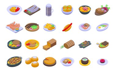 Alman mutfak ikonları izometrik vektör belirledi. Cafe sosisi.