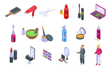 Güzellik salonu simgeleri izometrik vektör ayarladı. Makyaj sanatçısı