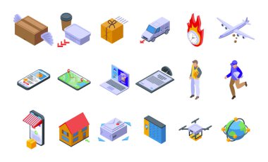 Hızlı gönderme simgeleri izometrik vektör ayarlandı. İş arabası.