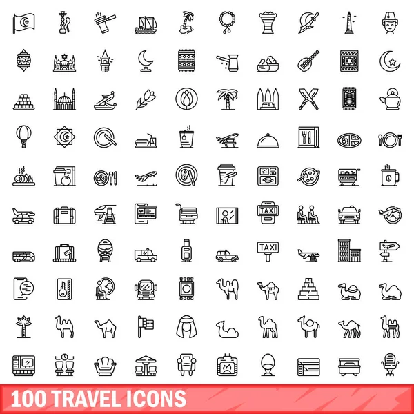 100 travel icons set, outline style — Stock Vector