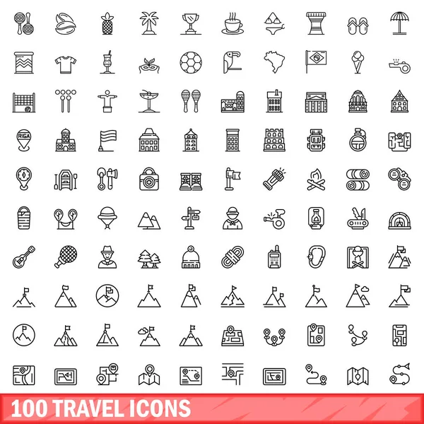 100 Reise-Icons setzen, Stil umreißen — Stockvektor