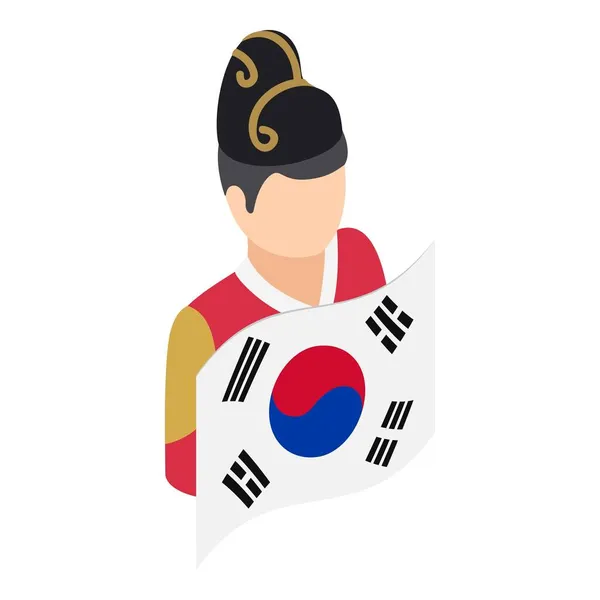 Icono chico coreano vector isométrico. Hombre en traje nacional con bandera del país — Archivo Imágenes Vectoriales
