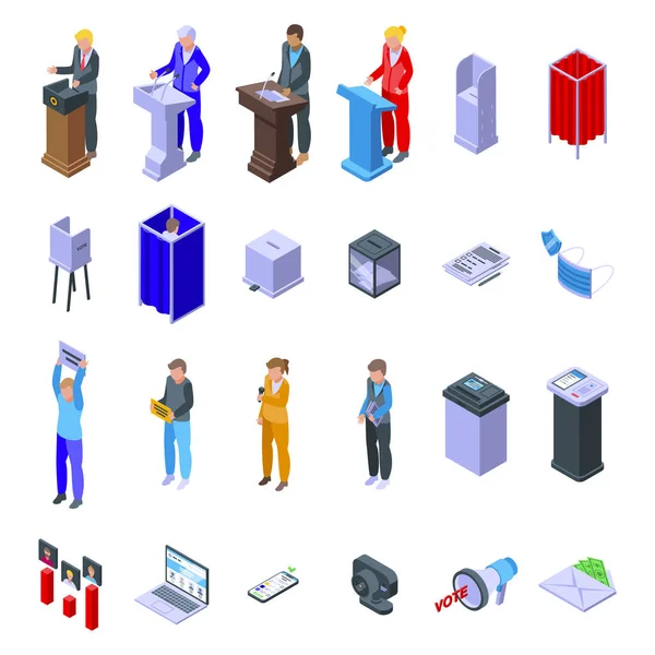 Los iconos de la cabina de votación establecen el vector isométrico. Caja de votación — Archivo Imágenes Vectoriales