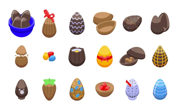 Ícones de ovos de chocolate definir vetor isométrico. Doces de Páscoa — Vetor de Stock