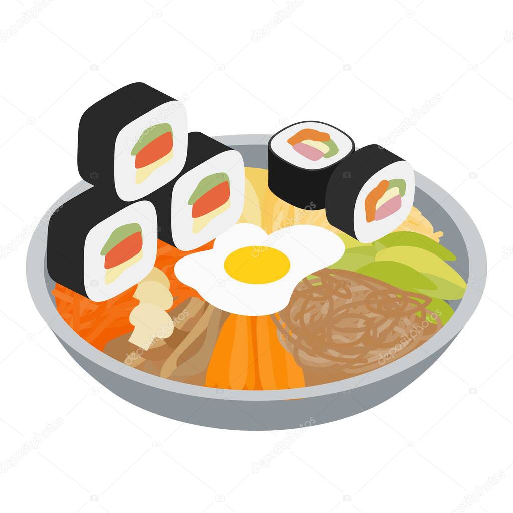 Korean cuisine icon isometric vector. Fresh bibimbap and kimbap icon