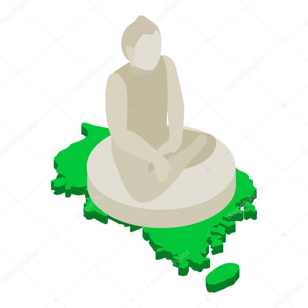 Buddha statue icon isometric vector. Sitting giant buddha and south korea map