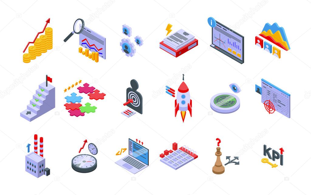 Performance management icons set isometric vector. Hypothesis stydy