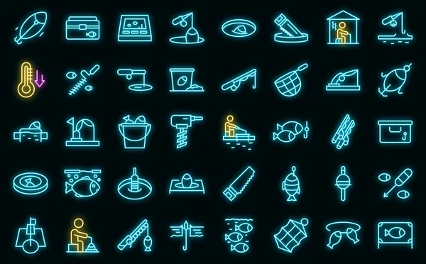 Ice fishing icons set vector neon — Stockový vektor