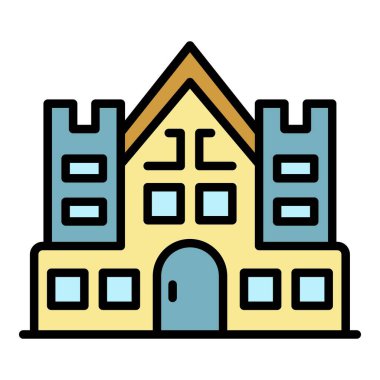 Retro sergi binası simgesi renk ana hatları vektörü