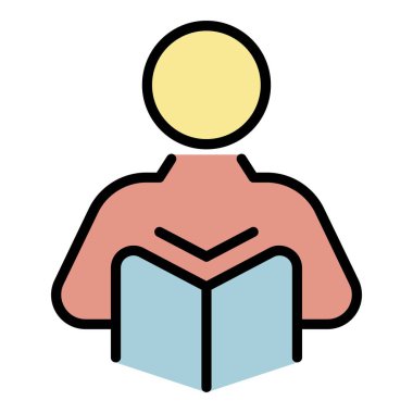 Adam bir kitap simgesi renk ana hatları vektörü okuyor