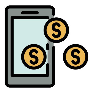 Akıllı telefon ve sikke simgeleri renk ana hatları vektörü