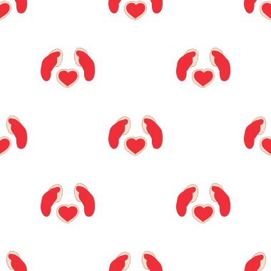 Kırmızı eldivenler ve kırmızı kalp desenleri kusursuz.