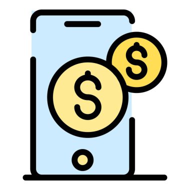 Akıllı telefon ve sikke simgeleri renk ana hatları vektörü