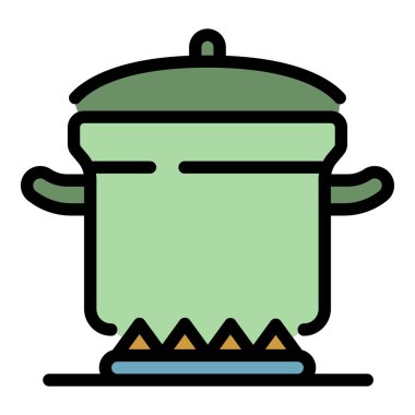 Yanan tencere simgesi renk ana hatları vektörü pişiriliyor