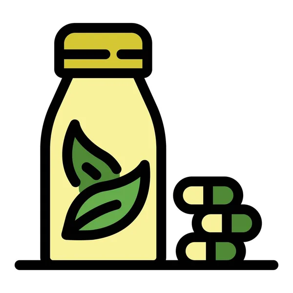 Таблетки и бутылка с листьями иконка вектор контура — стоковый вектор