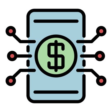 Akıllı telefon dijital para simgesi renk ana hatları vektörü