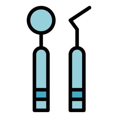 Diş aynası ve kanca simgesi renk ana hatları vektörü