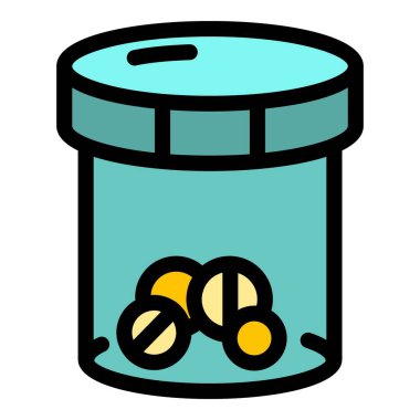 Şeffaf plastik hap kavanozu ikonu renk ana hatları vektörü