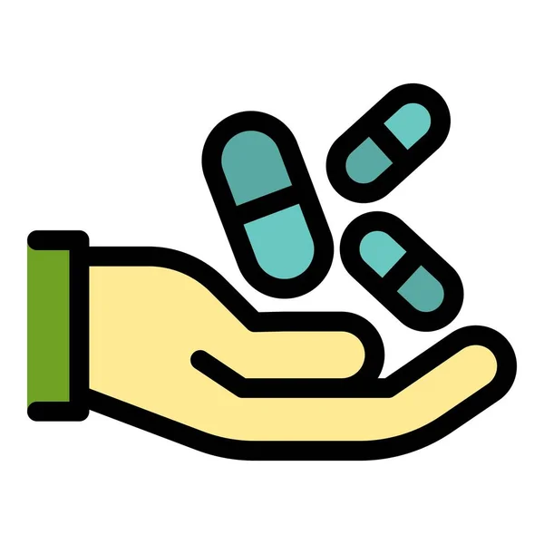 Pills in hand icon color outline vector — Stock Vector