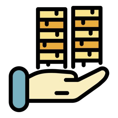 Avuç içi simgesi renk ana hatları vektöründeki bozuk para yığını