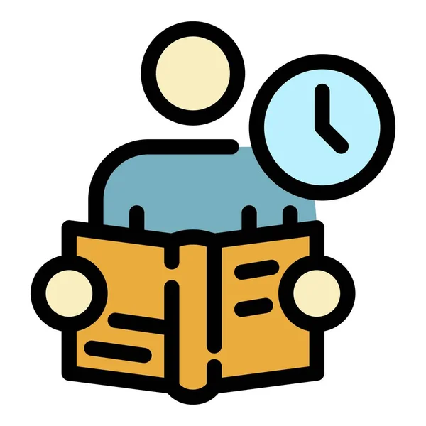 Hombre con un libro y un icono de reloj color contorno vector — Vector de stock