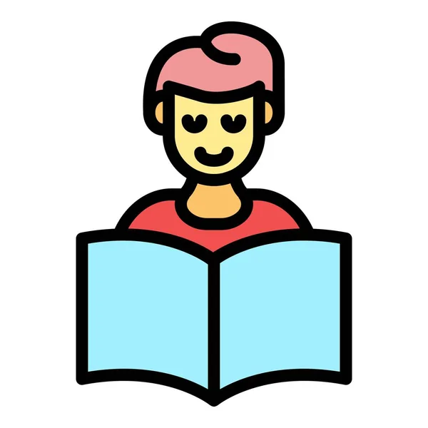 Colegial leyendo un icono de libro color contorno vector — Vector de stock