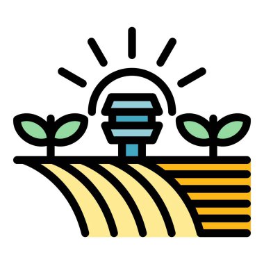 Çiftlik gündoğumu manzara ikonu renk ana hatları vektörü