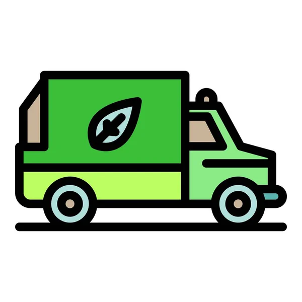 Camion à ordures avec un vecteur de contour de couleur icône feuille — Image vectorielle