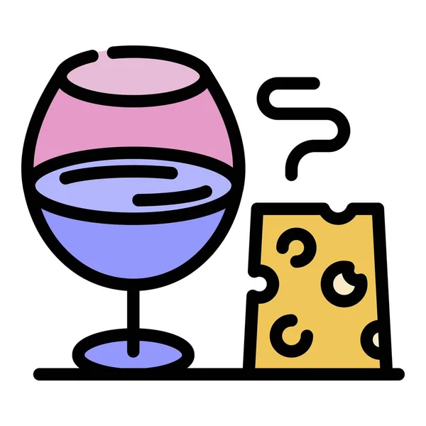 Wein-Glas und Käse-Symbol Farbumrissvektor — Stockvektor