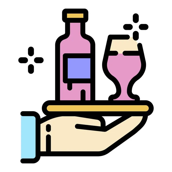 Botella y vidrio en una bandeja icono color contorno vector — Vector de stock