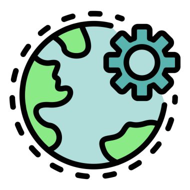 Dünya ve dişli simgesi renk dış hat vektörü