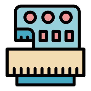 Fabrika dikiş makinesi simgesi renk ana hatları vektörü