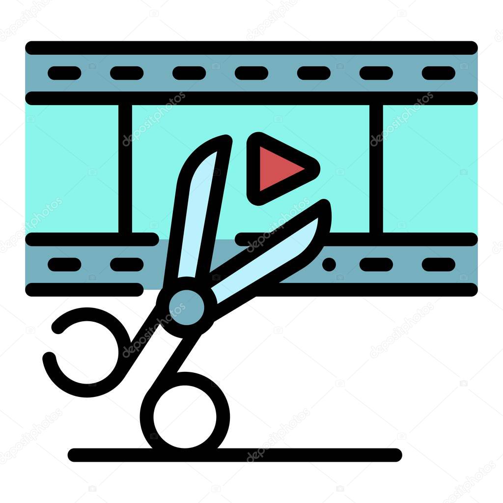 Video film and scissors icon. Outline video film and scissors vector icon color flat isolated