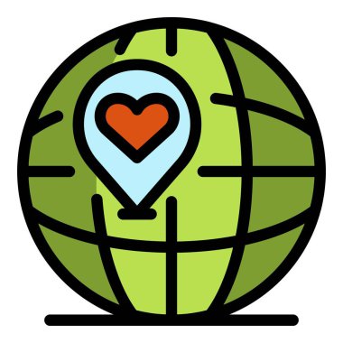 Dünya simgesi üzerindeki kalp izi renk ana hatları vektörü