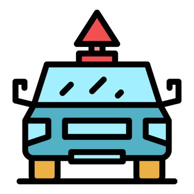 Okul arabası simgesi renk ana hatları vektörü sürülüyor