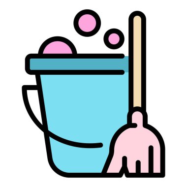 Ev paspası dezenfekte edilmiş kova simgesi renk ana hatları vektörü