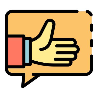 Sohbet kabarcığı çarpım gözden geçirme simgesi renk ana hatları vektörünü parmakla