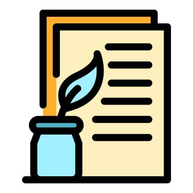 Kağıt ve tüy simgesi renk ana hatları vektörü