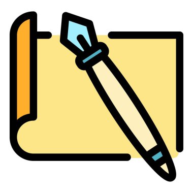 Kağıt ve çeşme kalem simgesi renk ana hatları vektörü