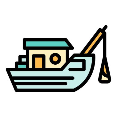 Ağ balıkçı gemisi simgesi renk ana hatları vektörü