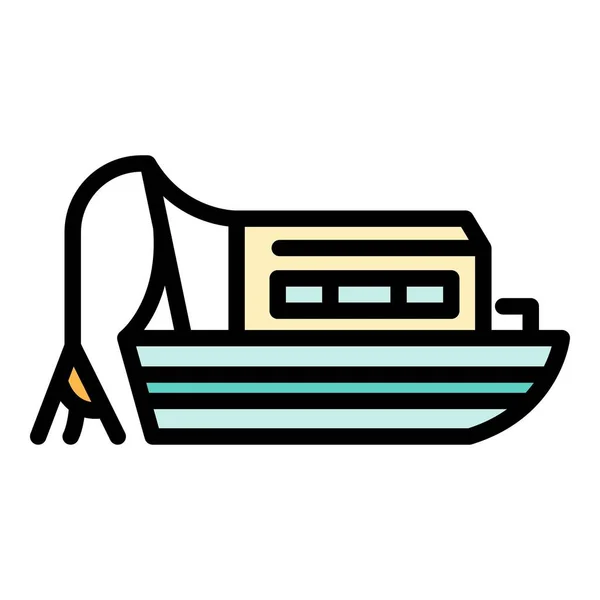 Pequeno ícone de barco de pesca vetor contorno de cor — Vetor de Stock