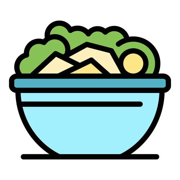 Warna ikon mangkuk salad vektor garis luar - Stok Vektor