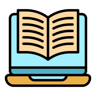 Dizüstü bilgisayar açık kitap simgesi renk ana hatları vektörü