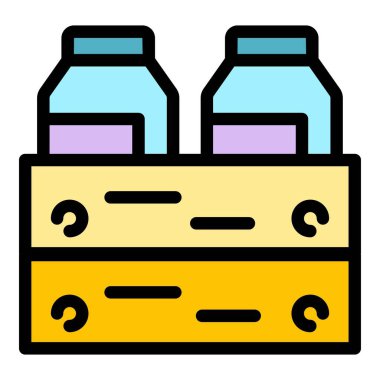 Süt şişeleri kutusu simgesi renk ana hatları vektörü