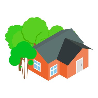 Homestead ikon izometrik vektörü. Yaprak döken yeşil ağacı olan yeni bir katlı ev.