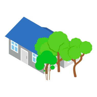 Uzatılmış ev ikonu izometrik vektörü. Yeni bina ve yeşil yaprak döken ağaç