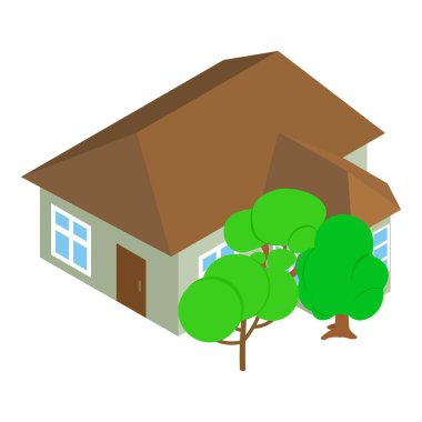Banliyö evi ikonu izometrik vektörü. Bir katlı bina ve yaprak döken ağaç.